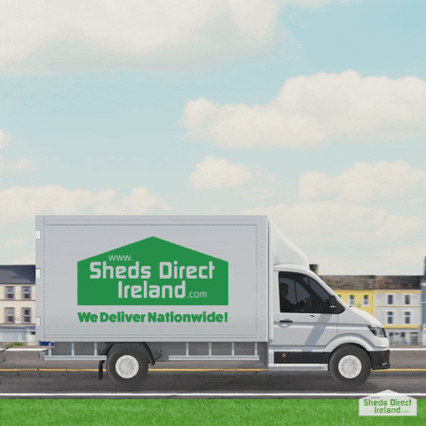 A moving GIF of van driving across an Irish landscape. Sheds Direct Ireland is written on the back of the van.
