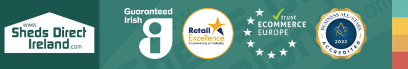 The Sheds Direct Ireland logo beside the Guaranteed Irish logo, retail excellence accreditation, Trust Ecommerce Europe and Business All Stars award.
