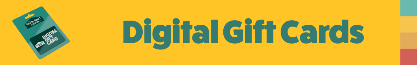 a green Gift Card with 'Sheds Direct Ireland's logo on it against a yellow background.