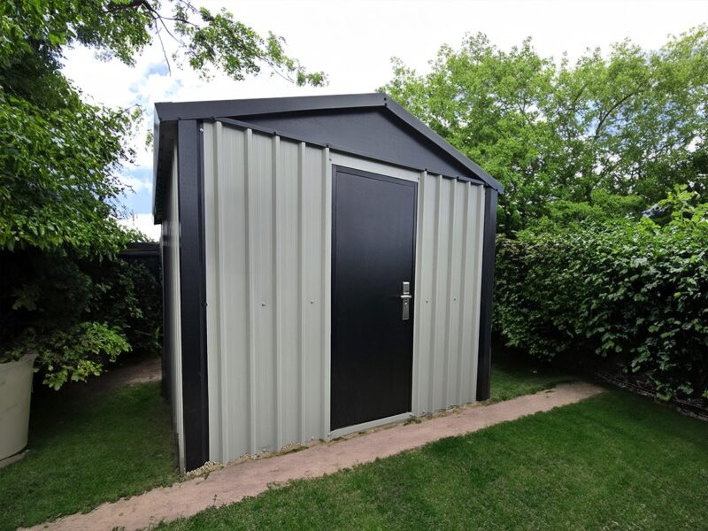 The Heavy Duty Shed in a garden, surrounded by bushes and tall trees