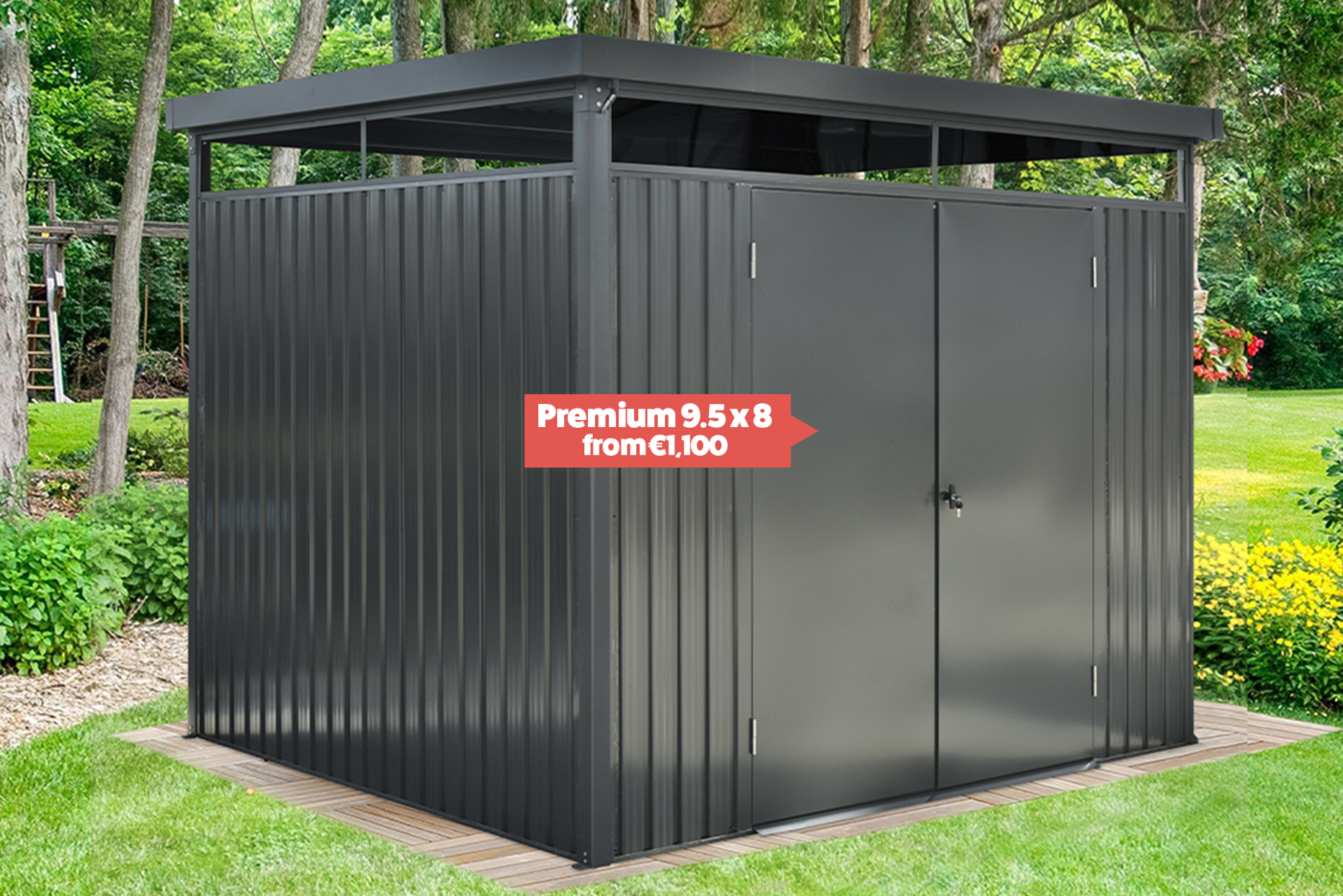 The grey premium panoramic shed. It's square shaped with a full width window under the roof on each side of the shed.