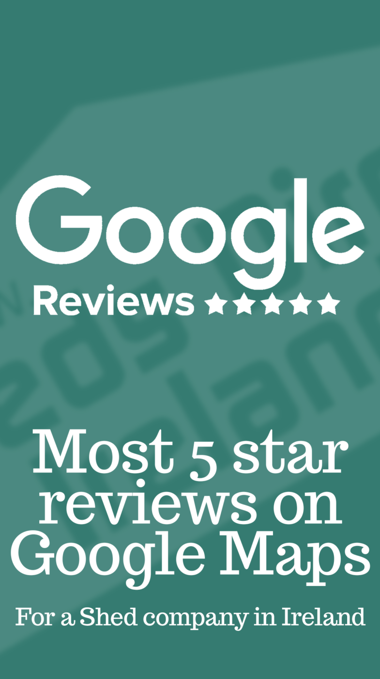 The Google Reviews logo with 5 stars underneath it and the Sheds Direct Ireland logo beneath this. It reads 'most 5 star reviews on Google Maps'