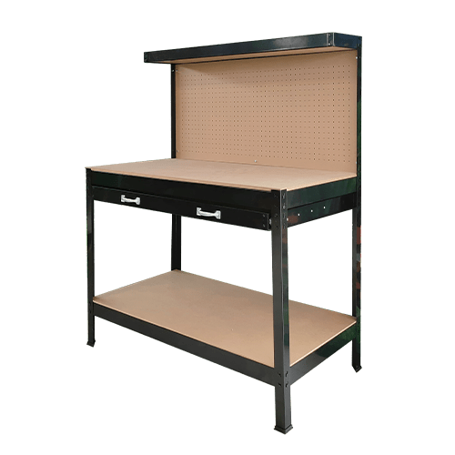 The black Workbench with pale brown coloured pegboard backing