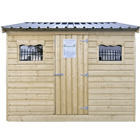 A wooden cottage shed with a black metal roof