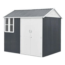 The two-tone grey steel cottage-style shed