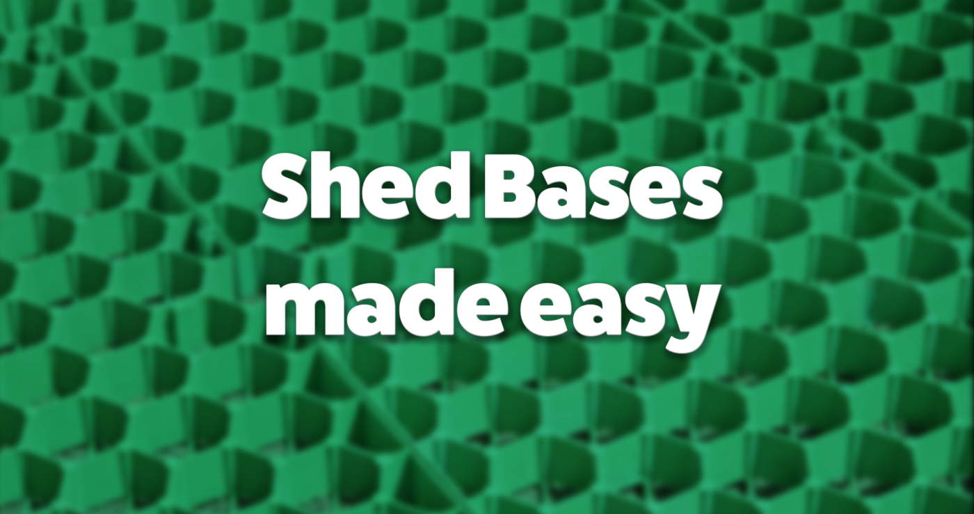 an out of focus look at the shed base with the words 'shed bases made easy'