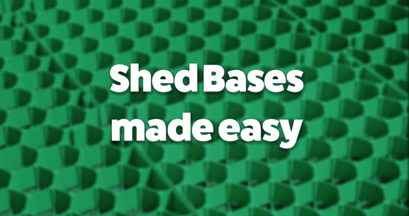 an out of focus look at the shed base with the words 'shed bases made easy'