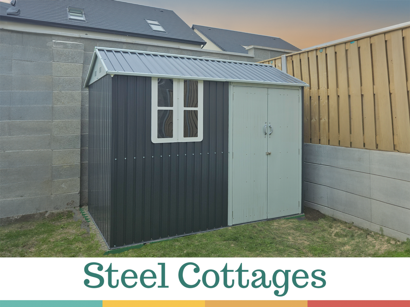 A two-tone Steel Cottage Garden Shed in a countryside garden.