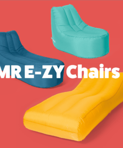 All the mr ezy chairs on against a bright red background. White text overlaid on top reads 'MR E-ZY Chairs'