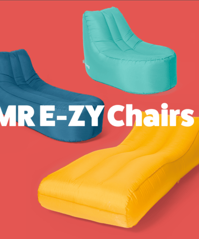 All the mr ezy chairs on against a bright red background. White text overlaid on top reads 'MR E-ZY Chairs'
