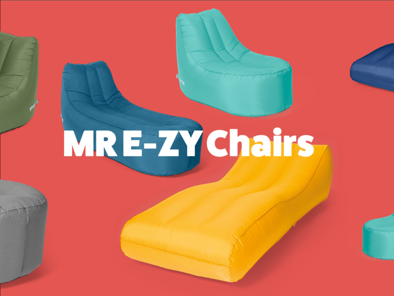 All the mr ezy chairs on against a bright red background. White text overlaid on top reads 'MR E-ZY Chairs'