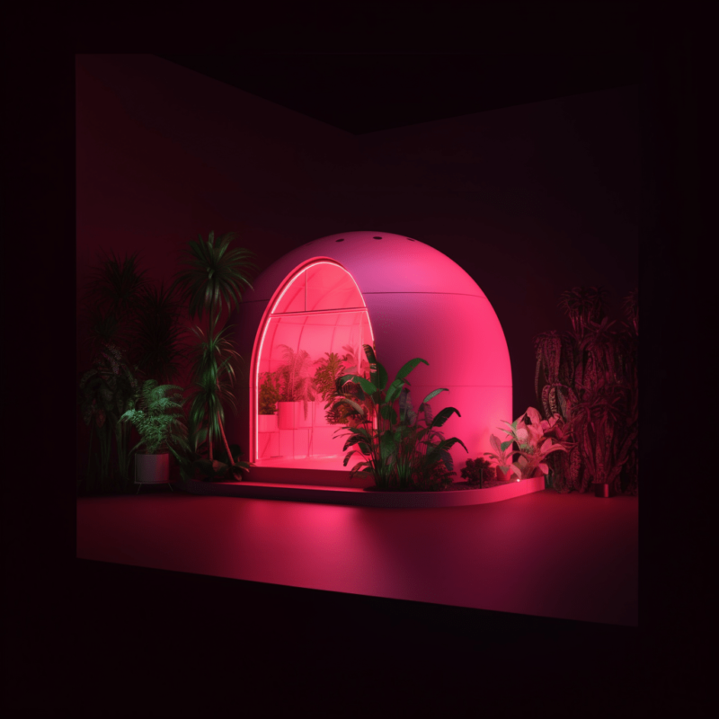 An AI generated shed that looks like a pink igloo. There is no dooe and glowing pink-plants are visible through the oval door