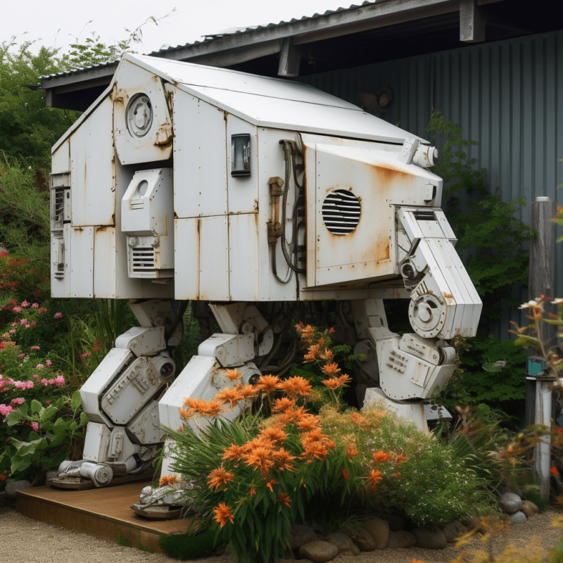 An ai generated shed design that looks like a three legged robot. It's a white, but rusted unit and it has vents, but no door