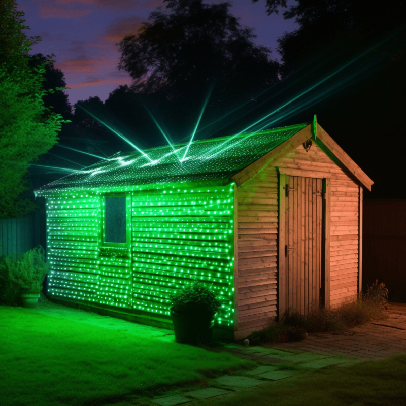 An AI genearted shed design. It's a long shed with a glowing green side, one window and lasers coming out of the roof