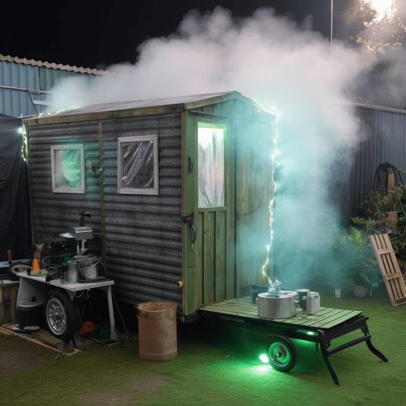 a shed shrouded in smoke with strip-lighting along the edges. There is a step up into the shed on wheels too
