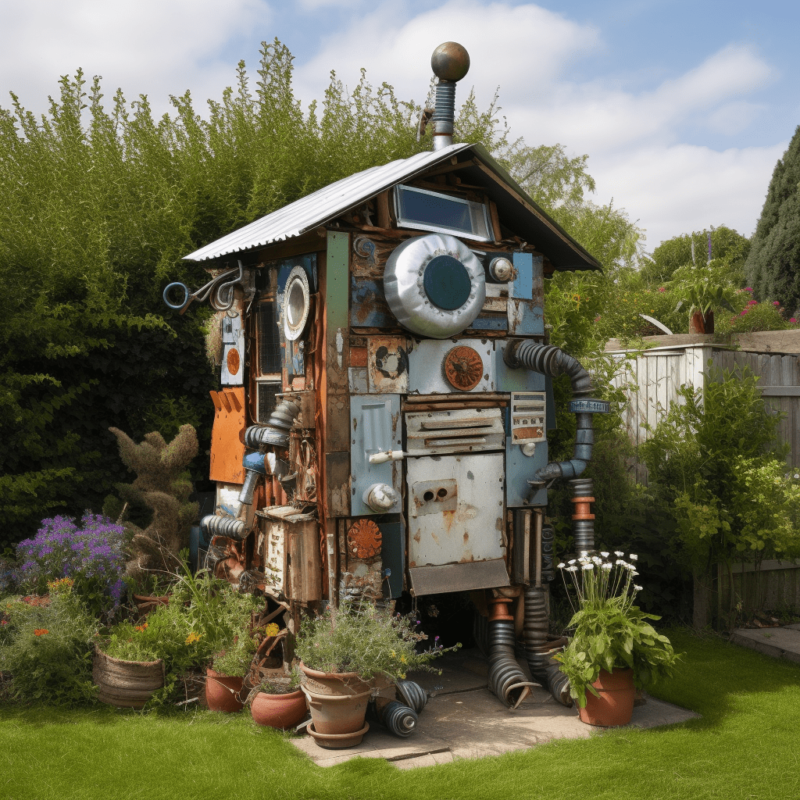 An AI designed Shed that looks like a robot on raised legs