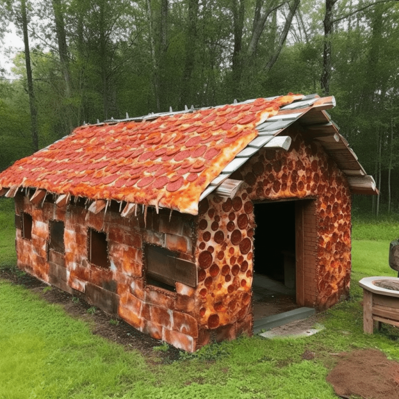 An AI Generated shed that appears to be made of pizzas