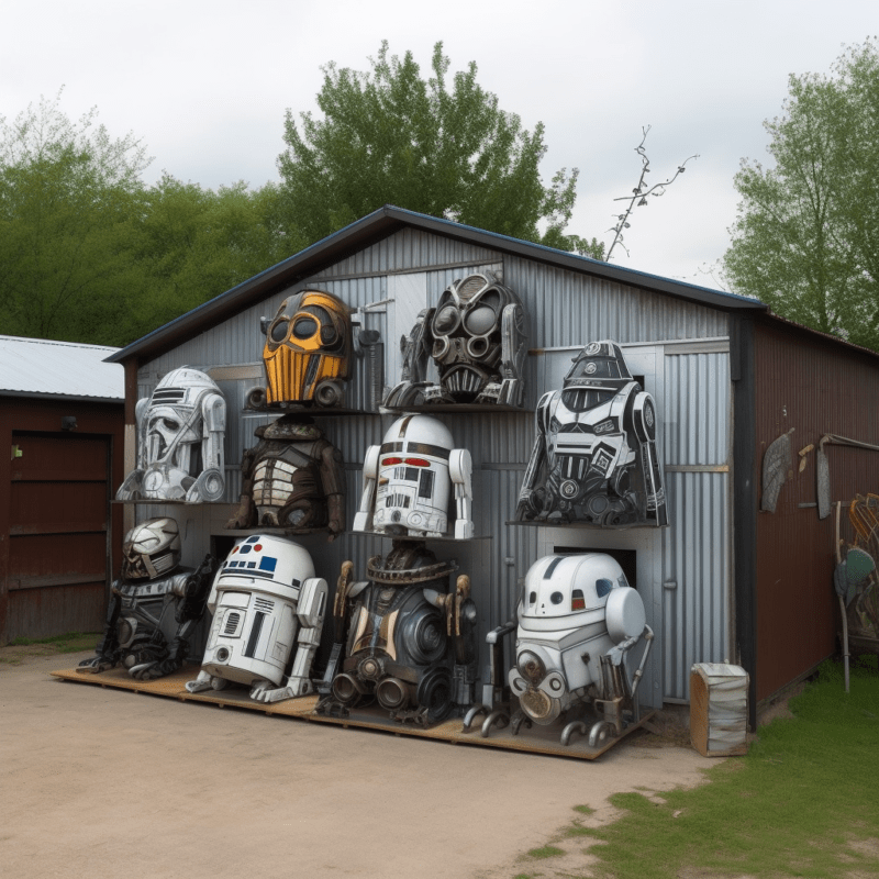 A garden shed with 10 droids stuck to the side of it. One looks a little like R2D2