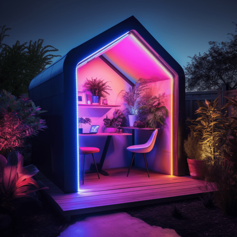 An AI generated garden shed with an exposed side showing blue and pink lighting along the edges. 
