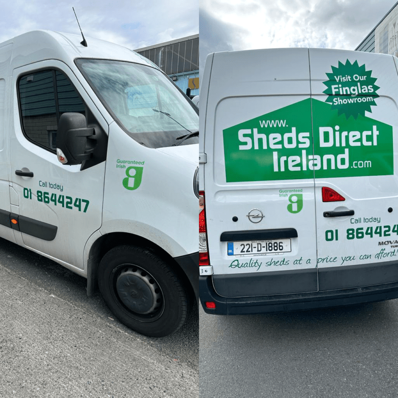 The sheds direct ireland delivery vans with guaranteed Irish logos on them