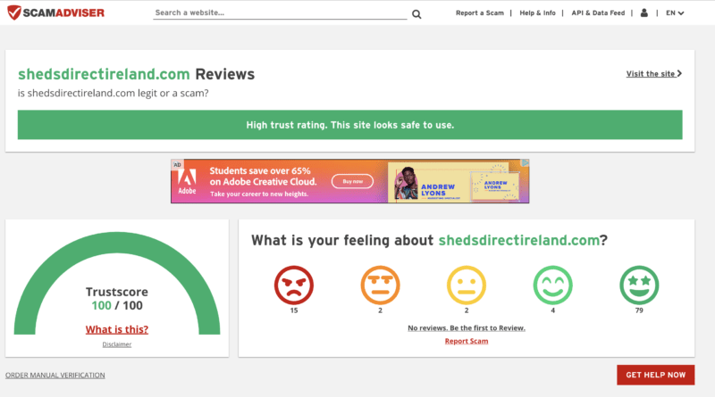 ScamAdvisor Review for ShedsDirectIreland scoring 100/100, indicating the site is trustworthy