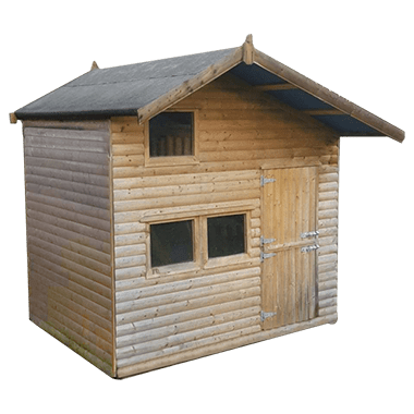 Children's wooden playhouse with a large overhang, three windows on the front and a large door
