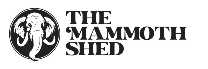 The Mammoth Shed logo is a black circle with a white mammoth head in the centre
