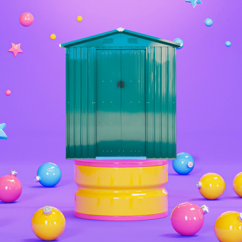 The 6ft x 5ft Classic Steel Shed on a pink and yellow podium, surrounded by colourful baubles below