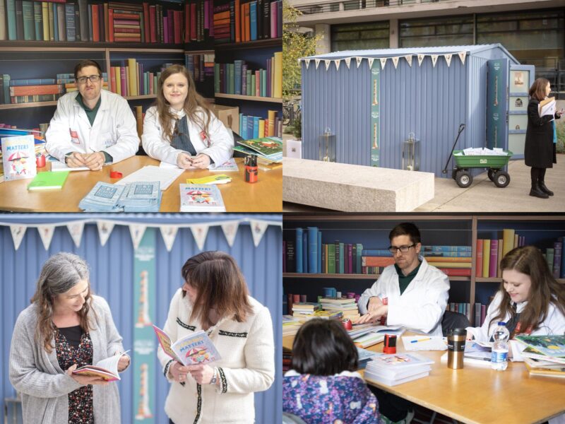 Book Doctors with children inside the shed for the children's books Ireland book clinic