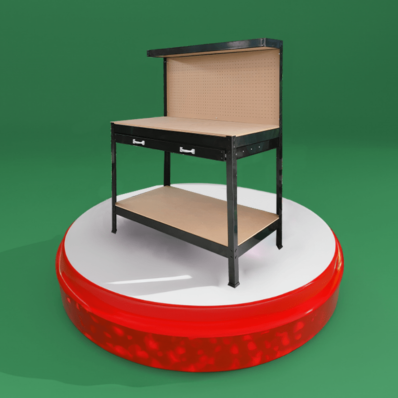A workbench or a red and white plinth against a green backdrop