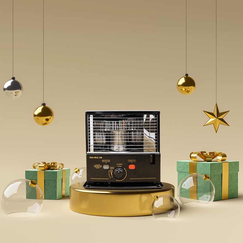 A Glow Wick 290 paraffin heater on a gold pedestal, surrounded by green and gold wrapped presents