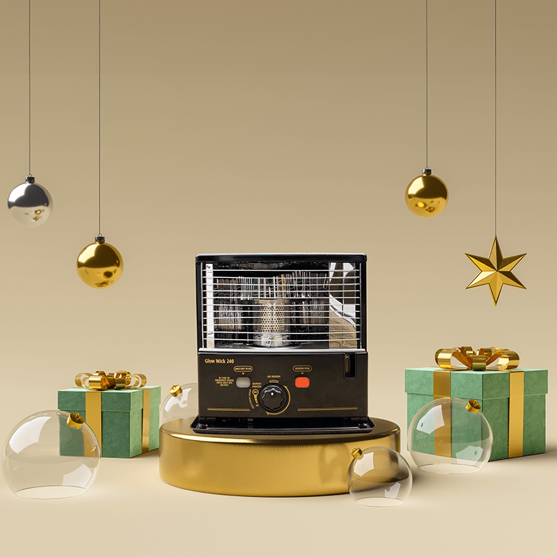 A Glow Wick 290 heater on a gold pedestal, surrounded by green and gold wrapped presents