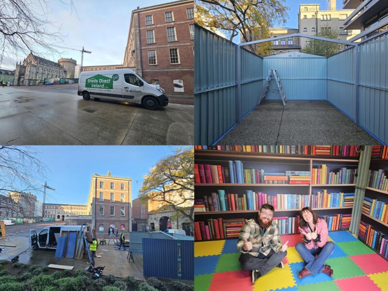 The Sheds Direct Ireland van is Dublin castle with the team assembling a blue shed beside it