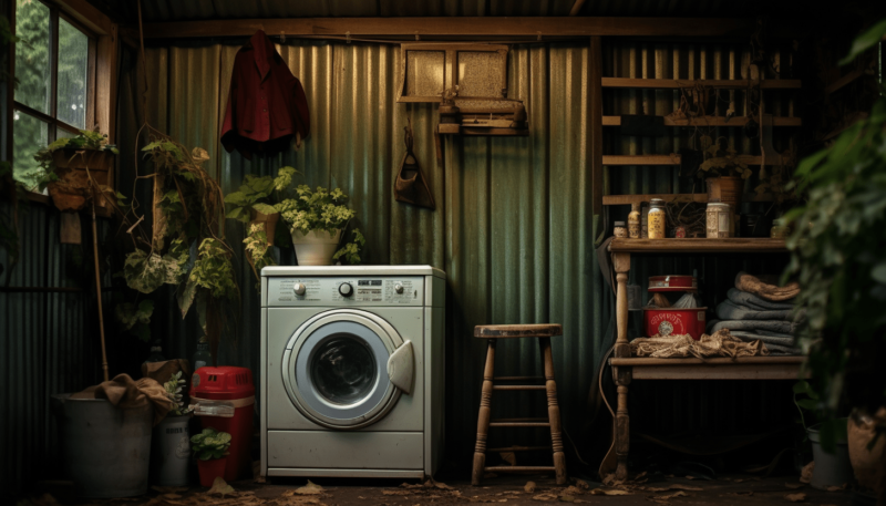 An AI image showing a white washing machine inside a steel shed