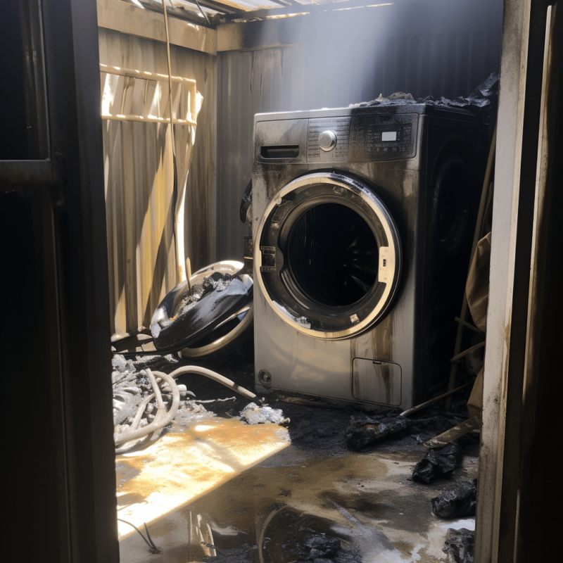 An AI generated image showing a shed and washing machine that have both been damaged by a fire that has been put out. 