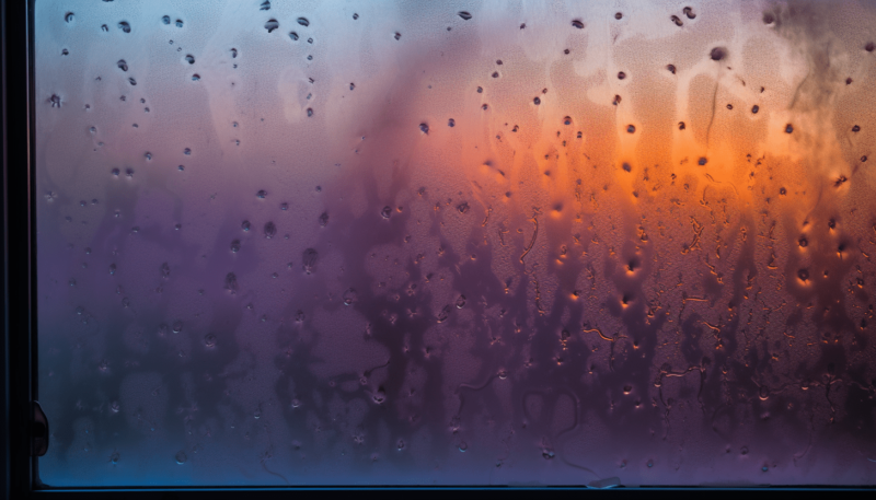 Condensation on a window. The blurred out sky in the background is a purple-orange hue