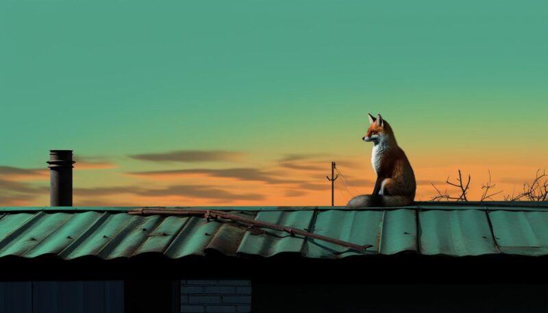 A fox sitting on top of a green metal shed at sunset