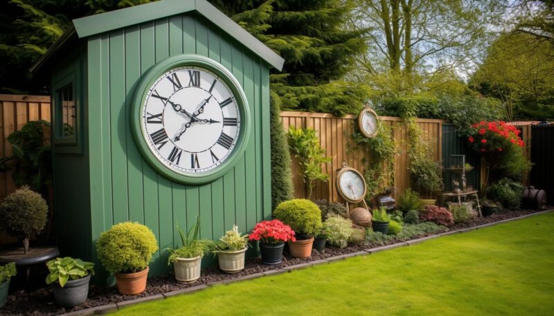 A giant clock and calendar on the side of a shed