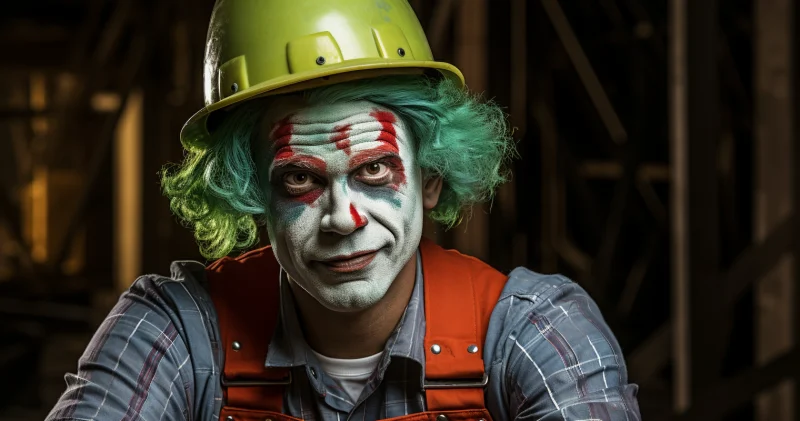 A clown wearing a hardhat