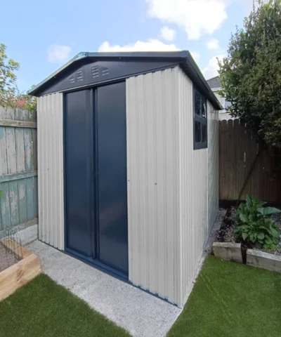 Mammoth Shed in off-white in a Dublin garden
