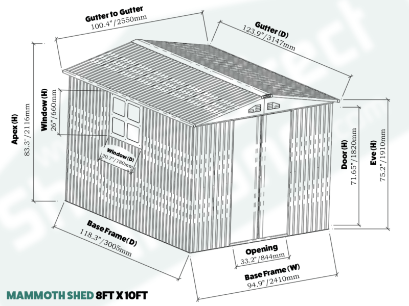 The dimensions for the 8ft x 10ft Mammoth Shed