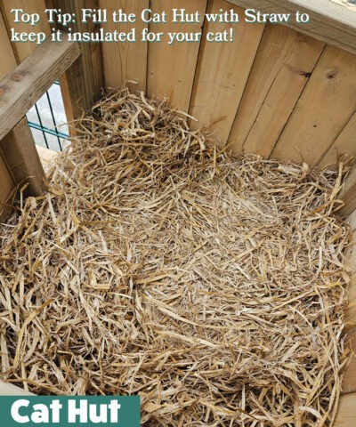tip: fill the cat hut with straw to keep it warm for your cat