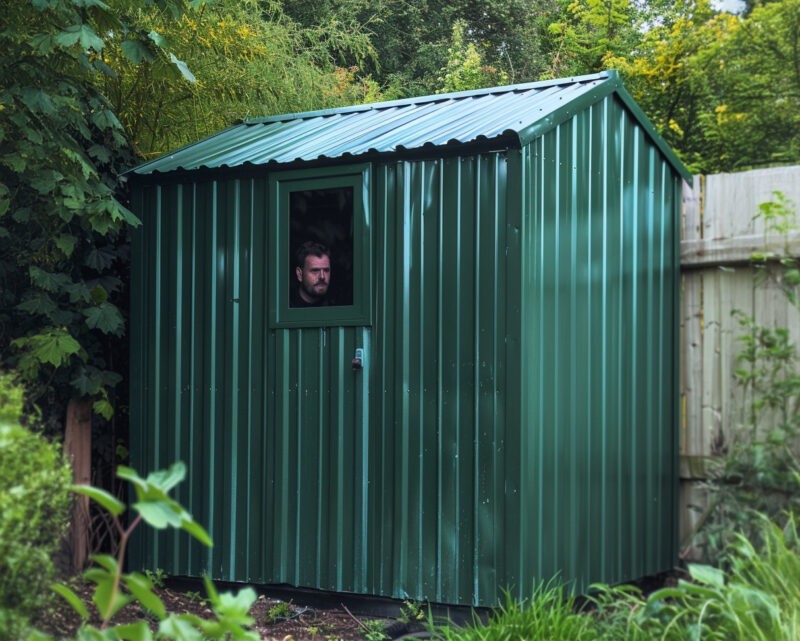 An AI image of a man living in a shed. 