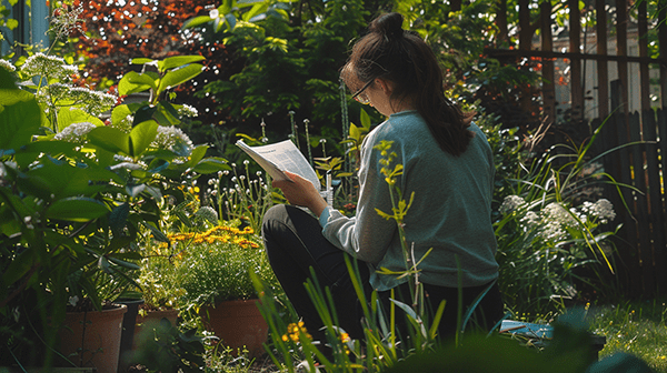 A woman reading the shed instructions