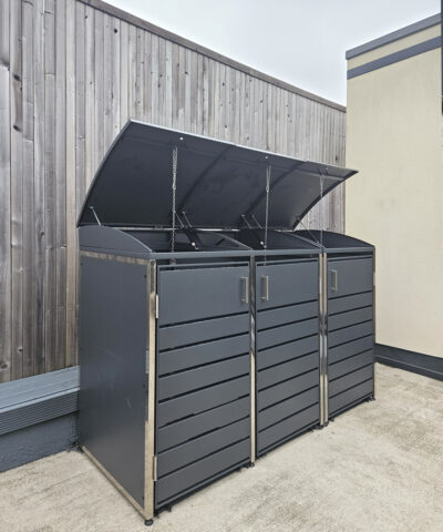 The side of the double and single modular bin stores side-by-side