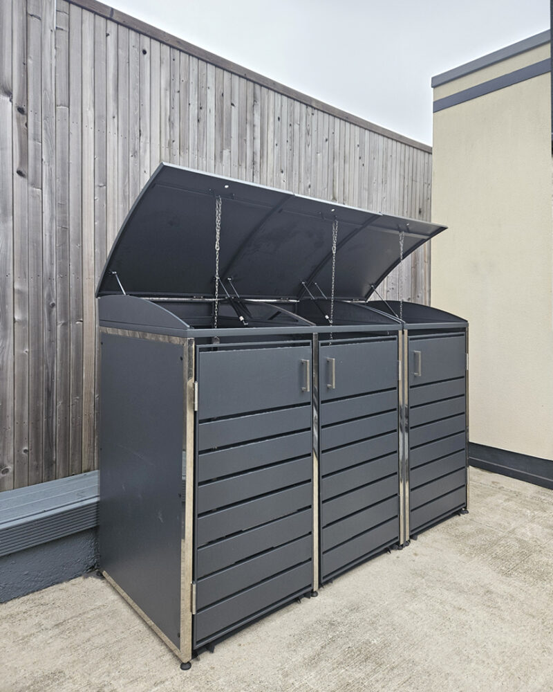 The side of the double and single modular bin stores side-by-side