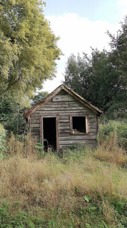 A battered and rotting old wooden shed
