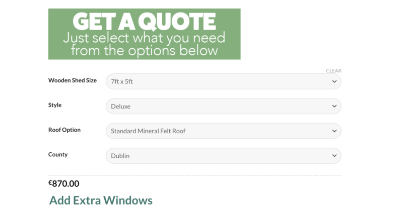 All options selected and a price for the wooden shed appears below
