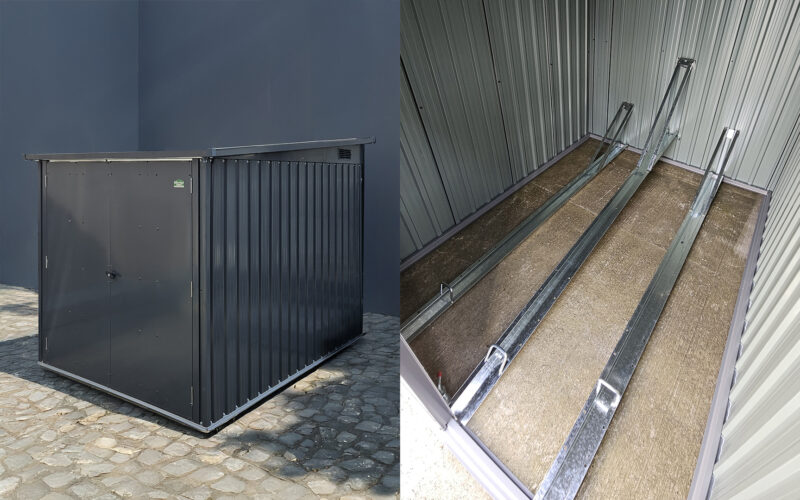Steel Bike Shed interior and exterior