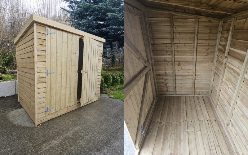 Wooden Bike shed interior and exterior
